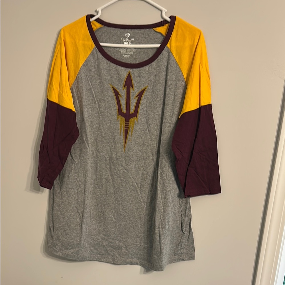 Colosseum ASU Sun Devils Gray and Gold Raglan 3/4 Sleeve Graphic Tee